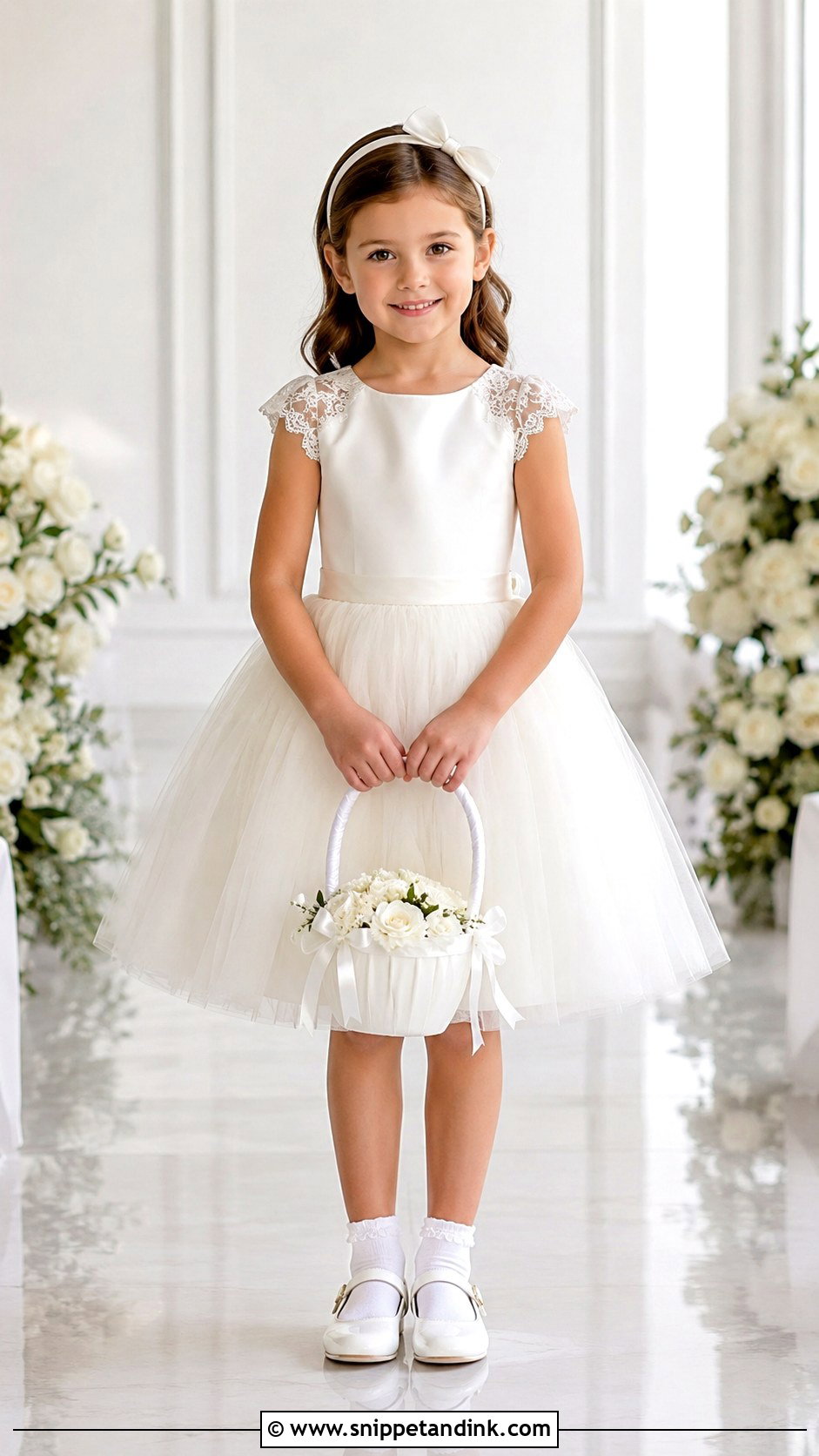 Cap Sleeve Mini Bride Dress With Floral Basket - Snippet and Ink - 20 Mini Bride Dress Kids Ideas