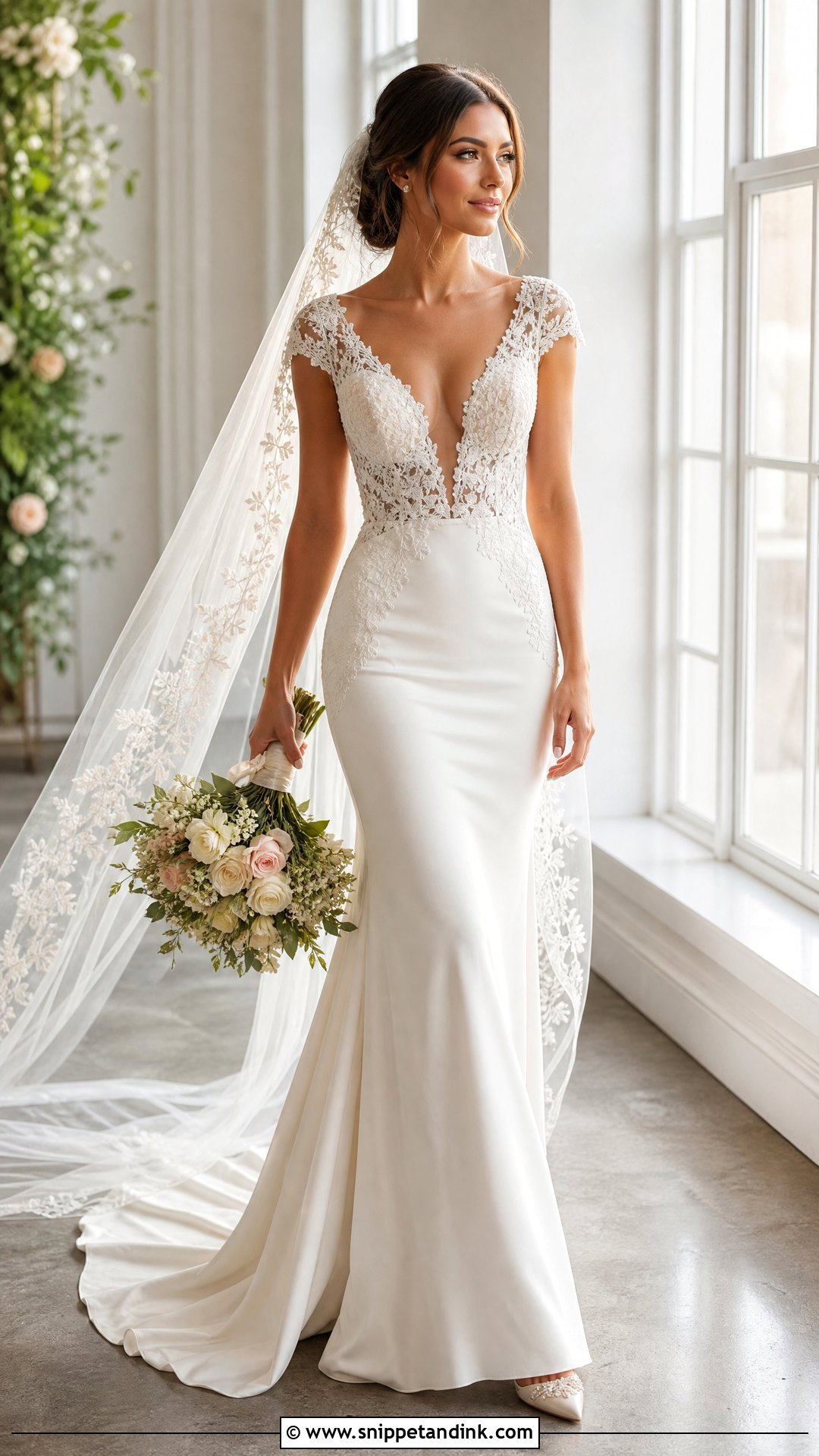 Cap Sleeve Plunging Neckline Wedding Dress - Snippet and Ink - 20 Plunging Neckline Wedding Dress Ideas