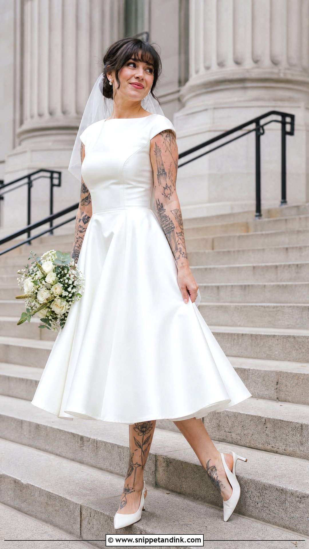 Cap Sleeve Tea Length Wedding Dress - Snippet and Ink - 20 Tattooed Bride Wedding Dress Ideas