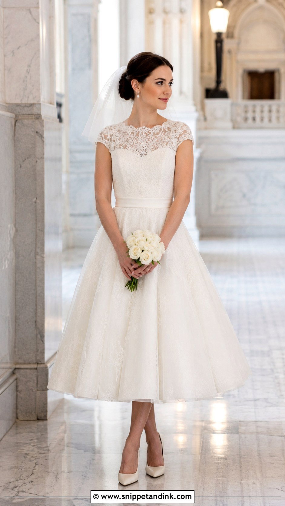 Cap Sleeve Tea Length Wedding Dress - Snippet and Ink - 20 Bride Dress with Sleeves