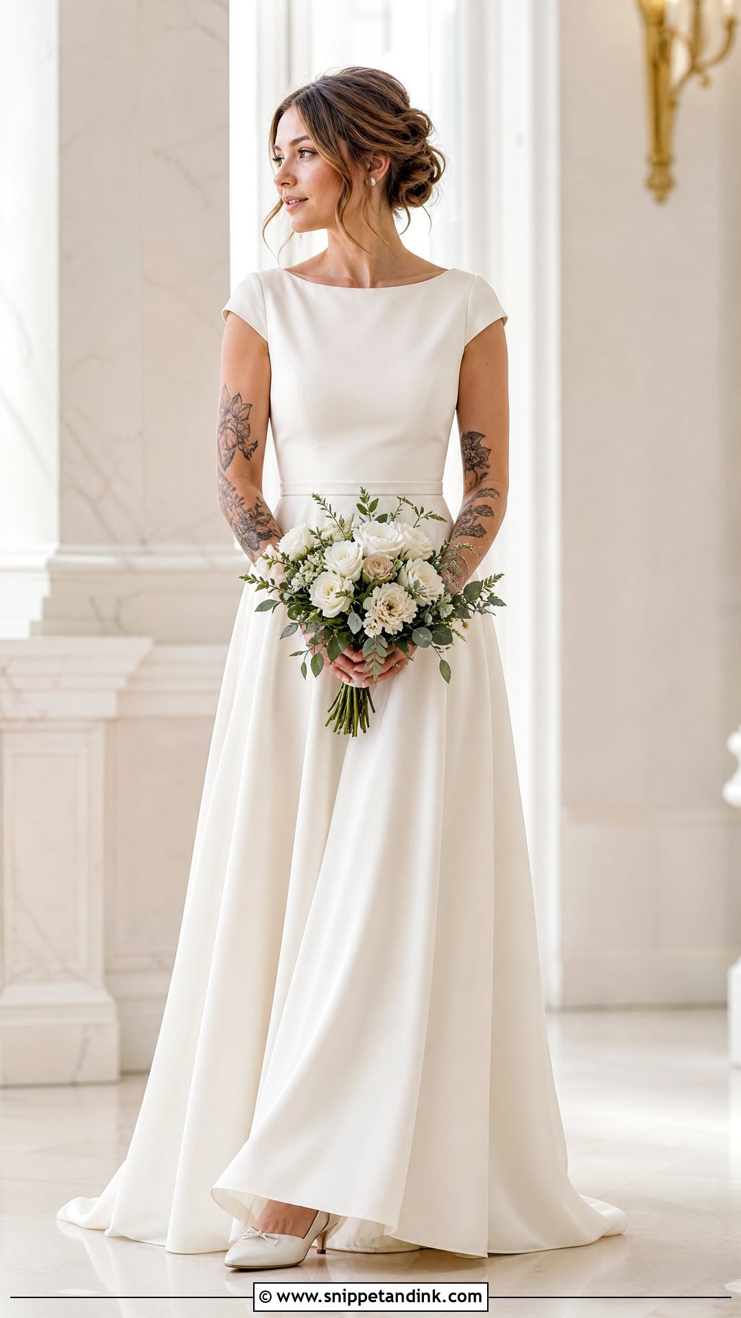 Cap Sleeve Wedding Dress With Forearm Tattoos - Snippet and Ink - 20 Tattoos in Wedding Dress Ideas