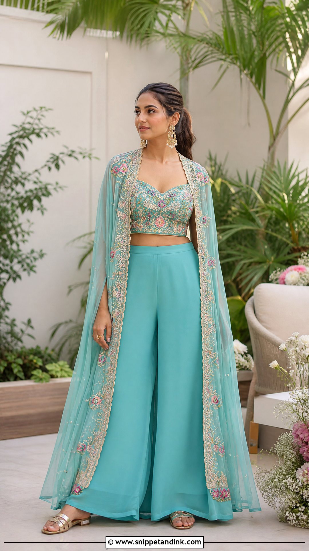 Cape And Palazzo Set For Mehndi - Snippet and Ink - 20 Indian Pre Wedding Outfit Ideas