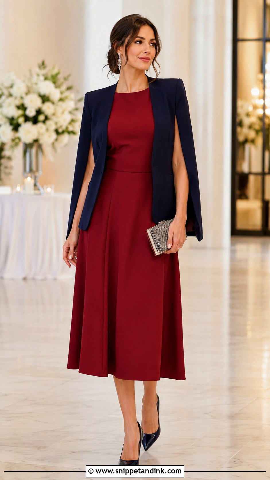 Cape Blazer With Simple Midi Dress - Snippet and Ink - 20 Blazer Outfit for Wedding Ideas