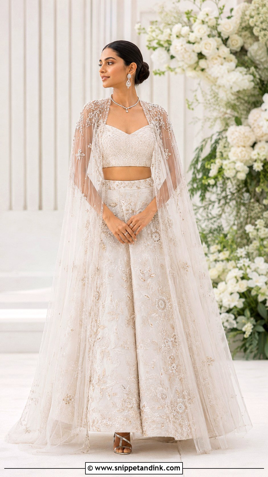 Cape Bridal Lehenga With Sleek Bun - Snippet and Ink - 25 Indian Weddings Bridal Lehnga Dress Ideas