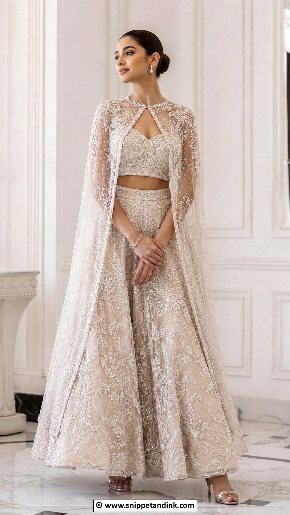 Cape Bridal Lengha With Minimal Jewelry - Snippet and Ink - 30 Bridal Lengha Ideas
