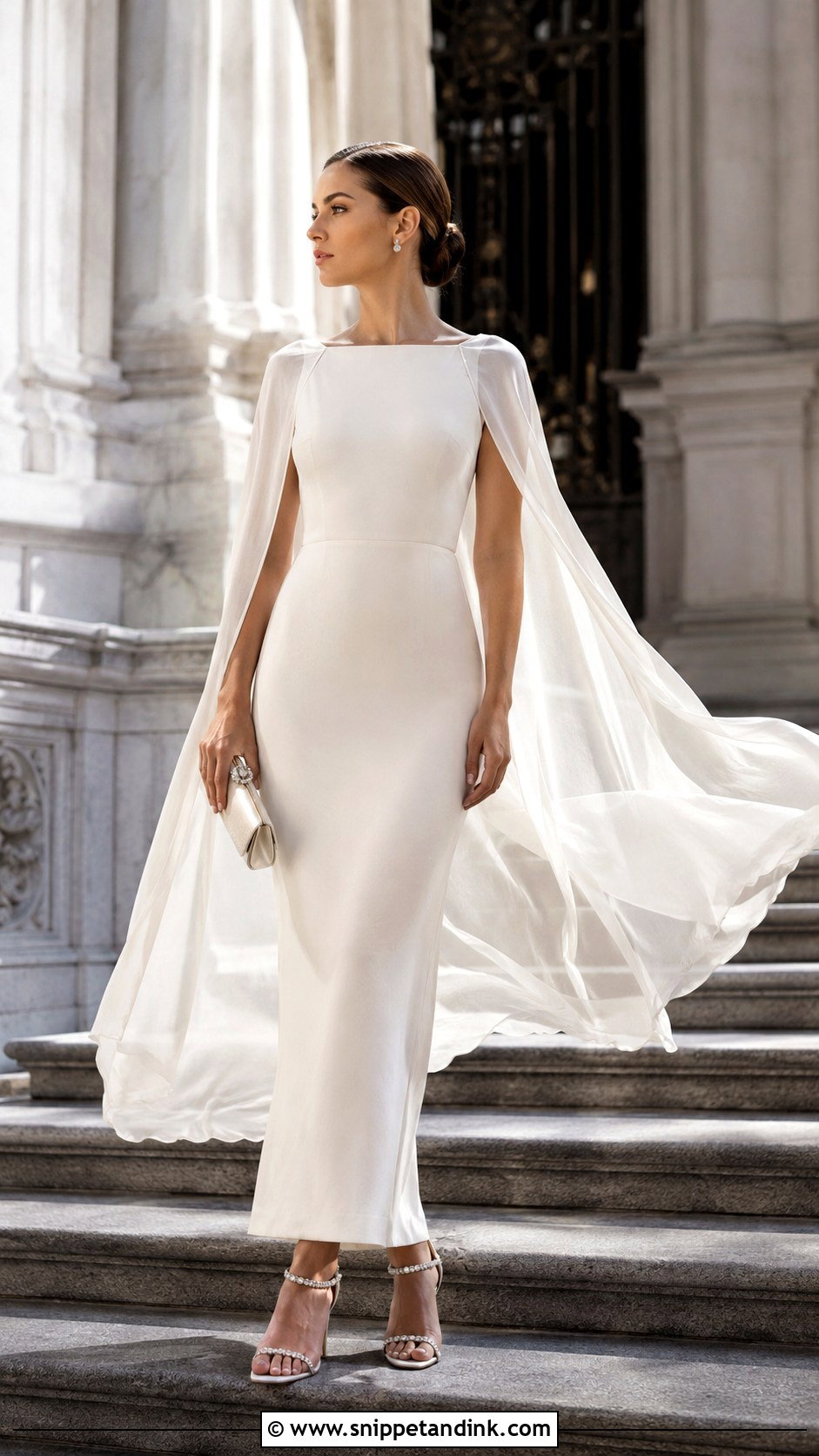Cape City Wedding Dress With Crystal Heels - Snippet and Ink - 20 City Wedding Dress Ideas