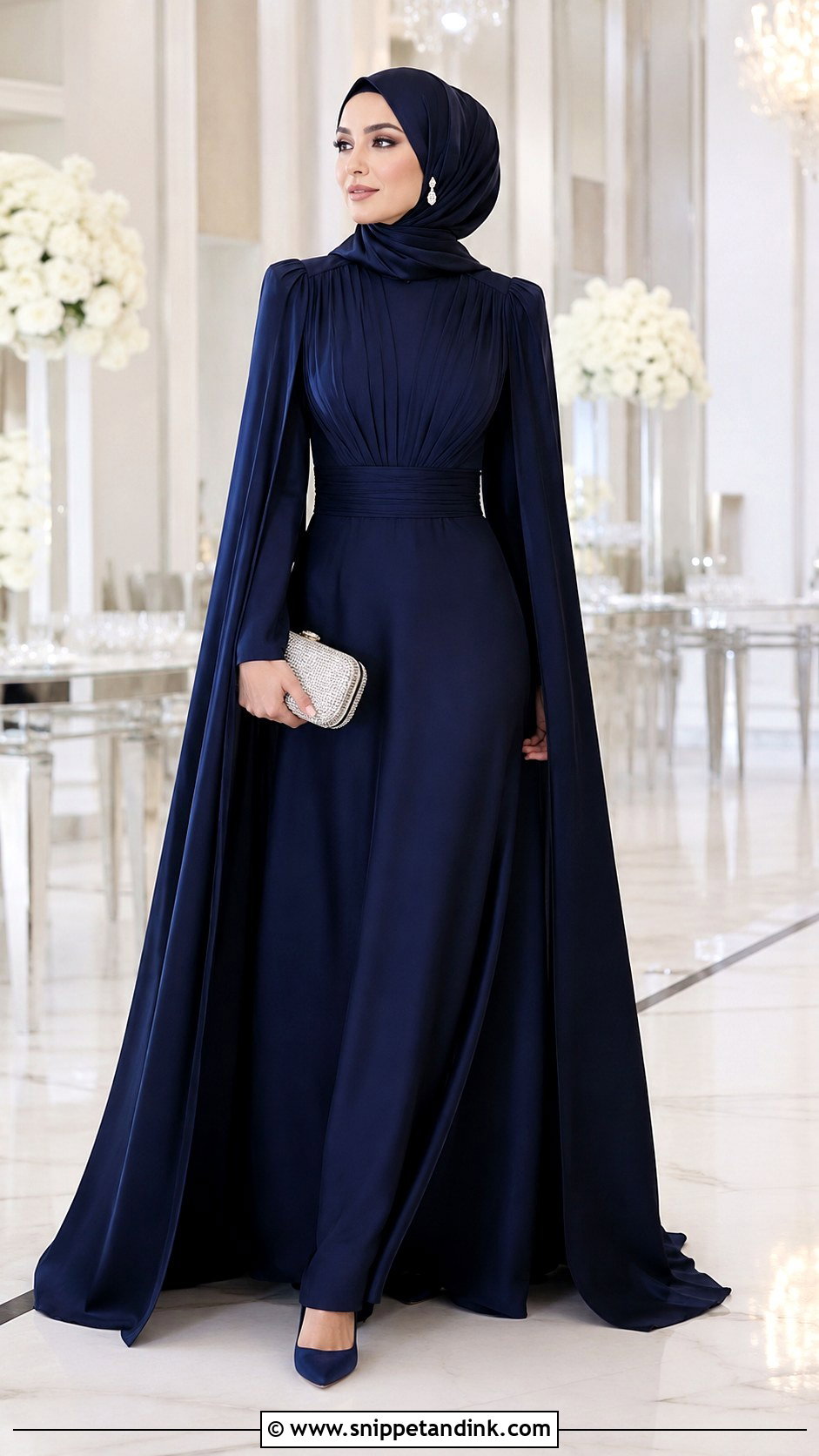 Cape Dress And Satin Hijab Wedding Outfit - Snippet and Ink - 20 Hijab Outfit Wedding Ideas