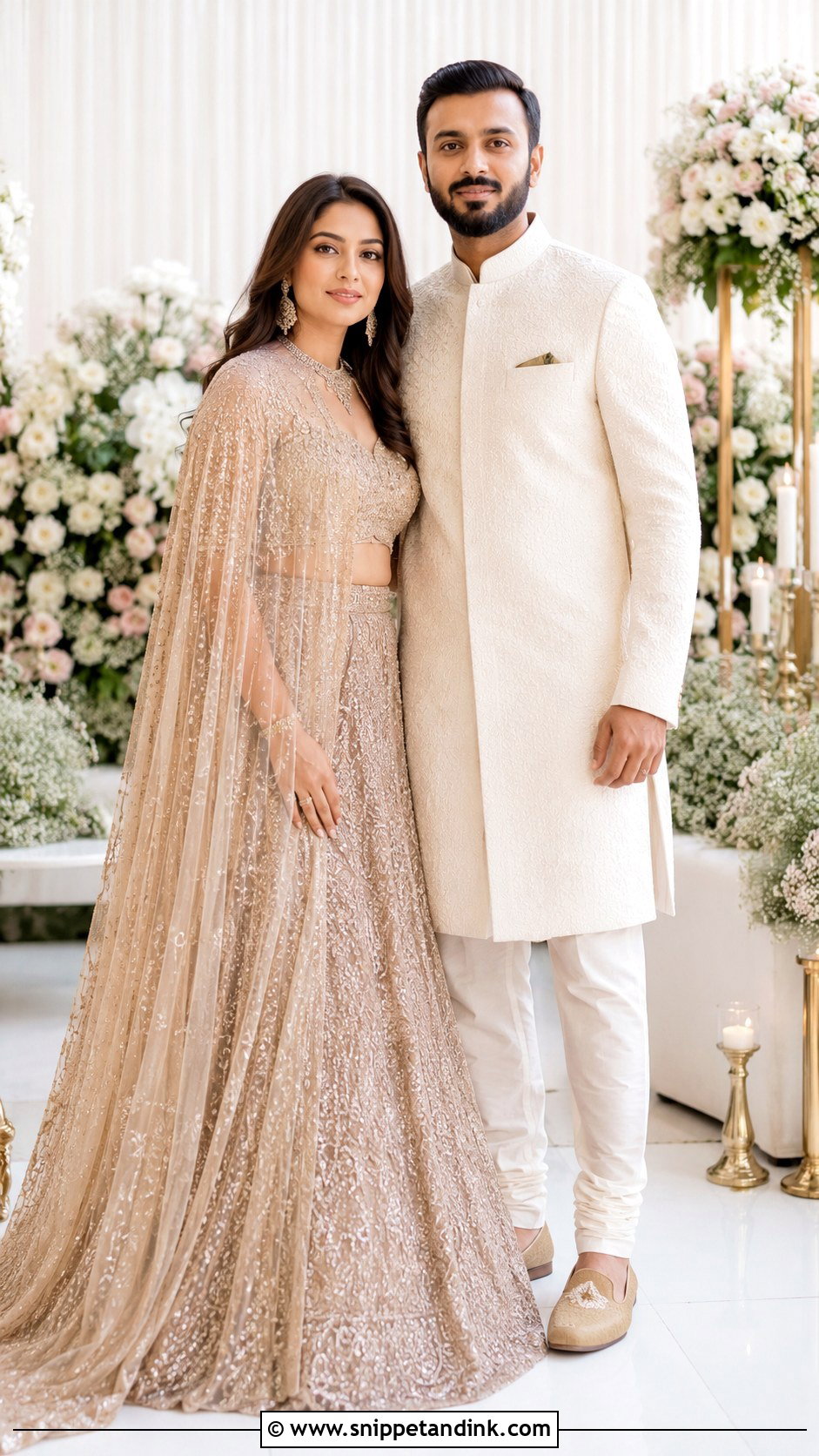 Cape Lehenga And Minimal Sherwani - Snippet and Ink - 25 Indian Couple Ring Ceremony Dress Ideas