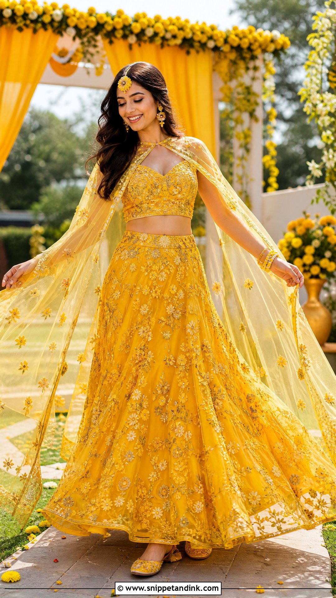 Cape Lehenga Haldi Dress - Snippet and Ink - 20 Haldi Wedding Dress Ideas
