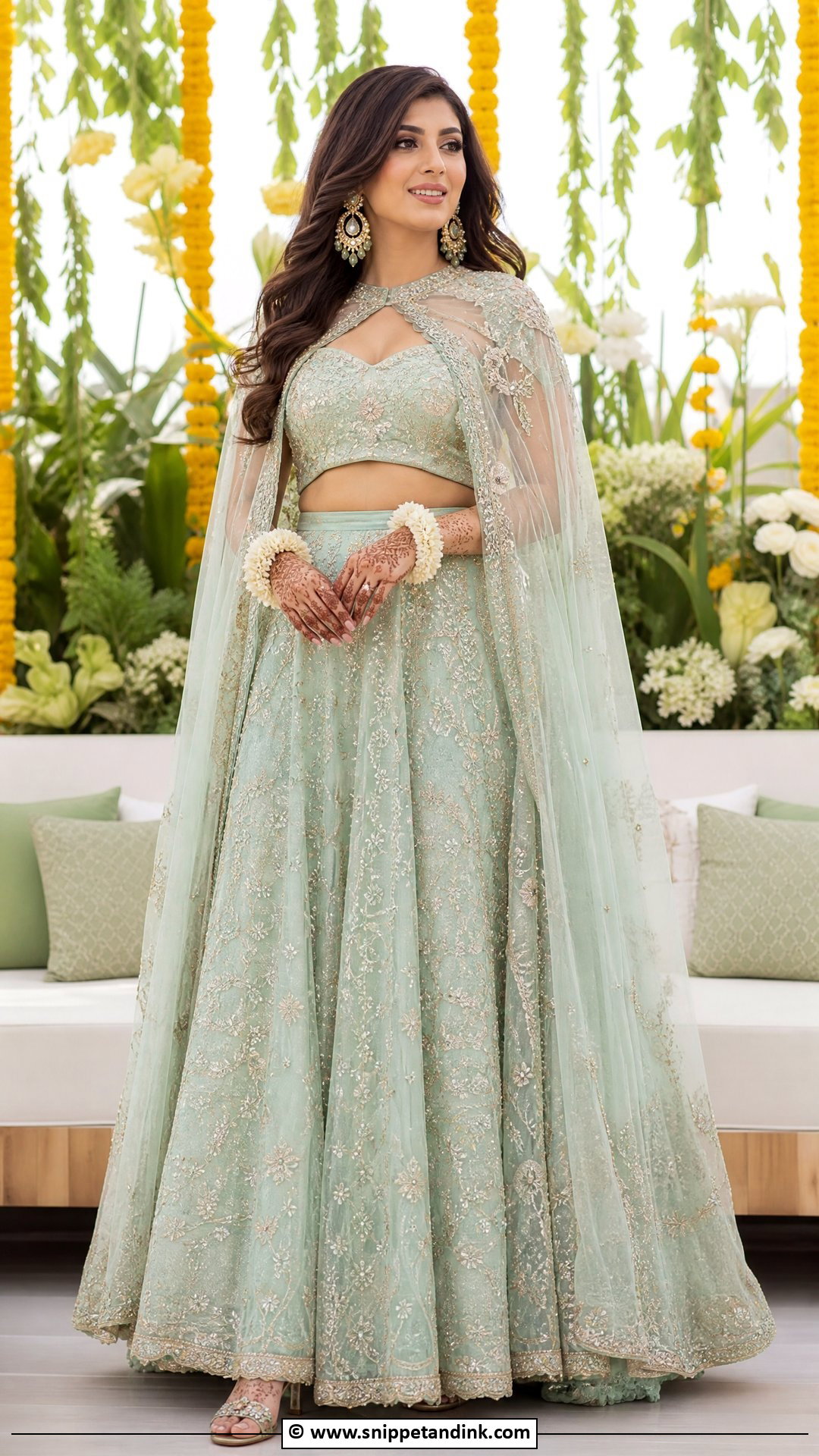 Cape Lehenga Mehndi Dress For Bride - Snippet and Ink - 35 Mehndi Dress for Bride Ideas