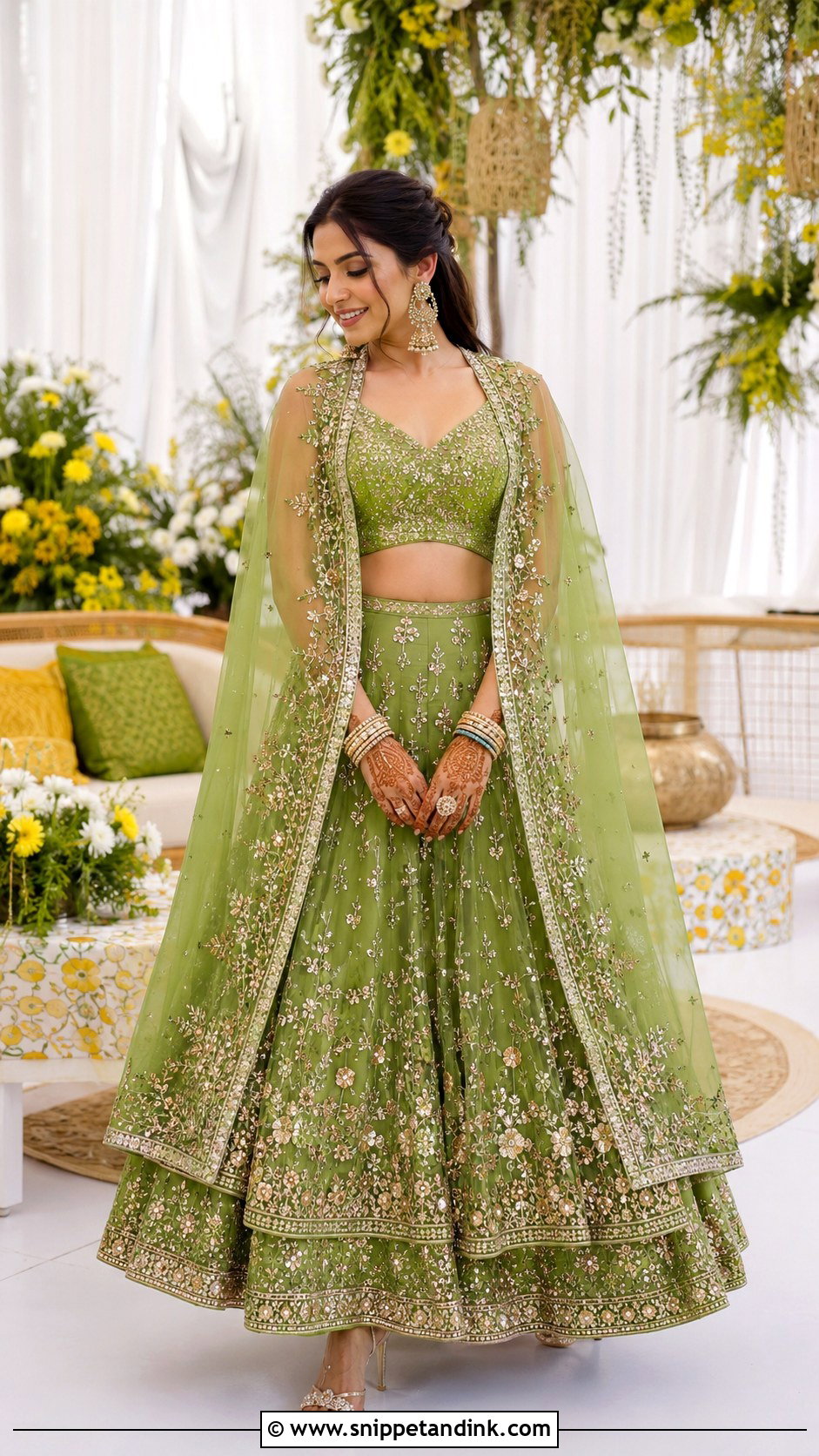 Cape Lehenga Mehndi Outfit - Snippet and Ink - 30 Mehndi Outfit for Bride Ideas