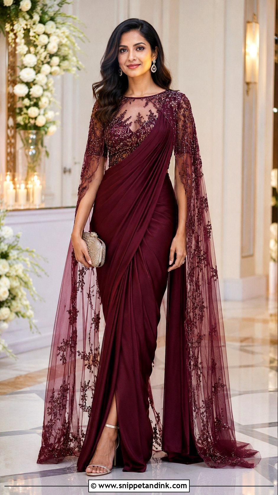 Cape Saree For Indian Wedding Party - Snippet and Ink - 25 Indian Wedding Party Dresses