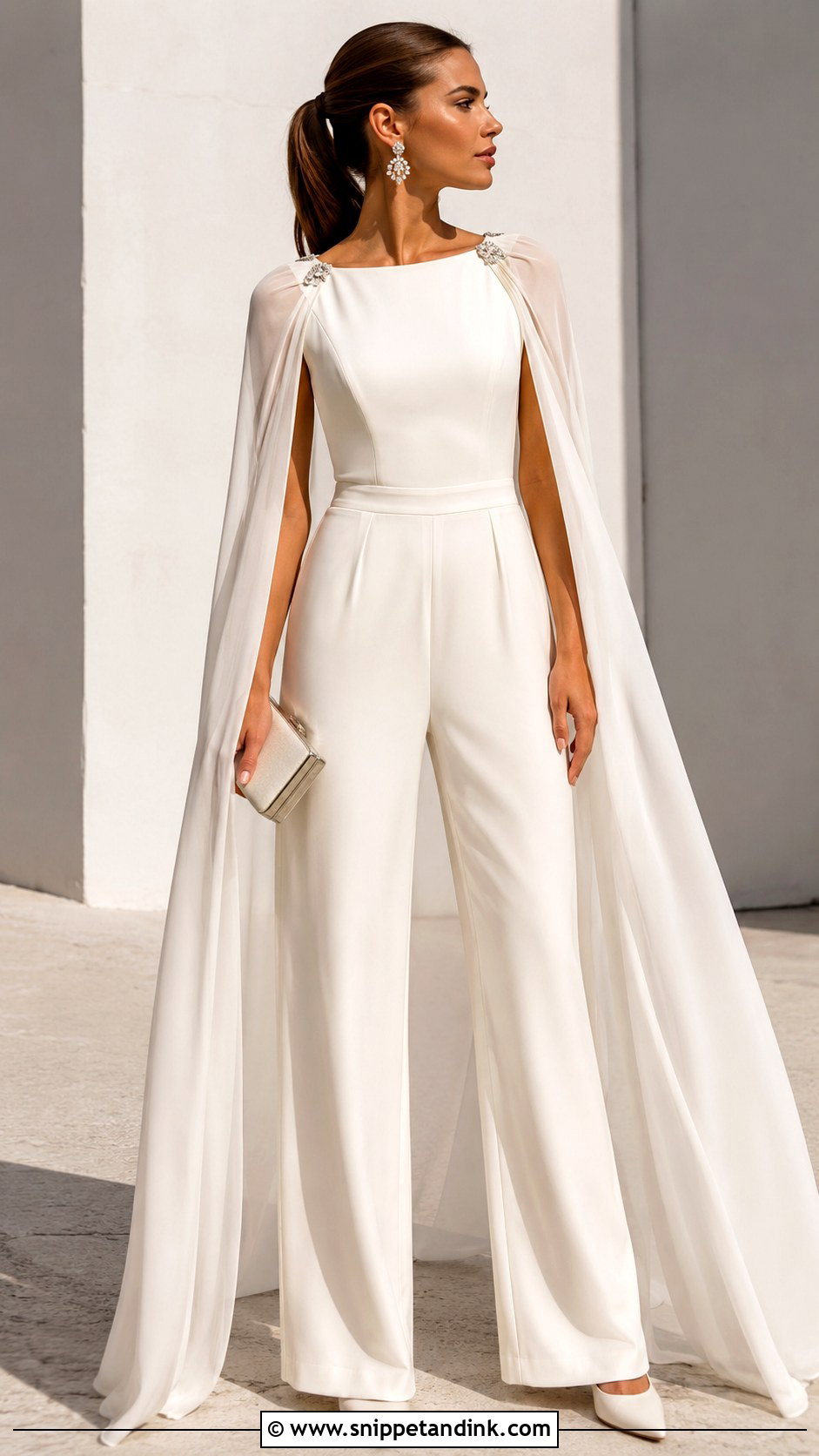 Cape Shawl With Modern Bridal Jumpsuit - Snippet and Ink - 20 Bride Shawl Ideas