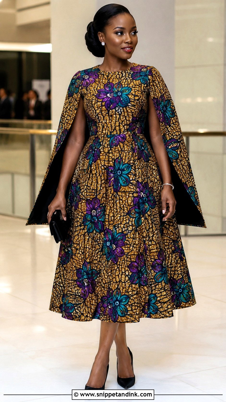 Cape Sleeve Ankara Flared Midi Gown - Snippet and Ink - 20 Ankara Fled Gown Ideas