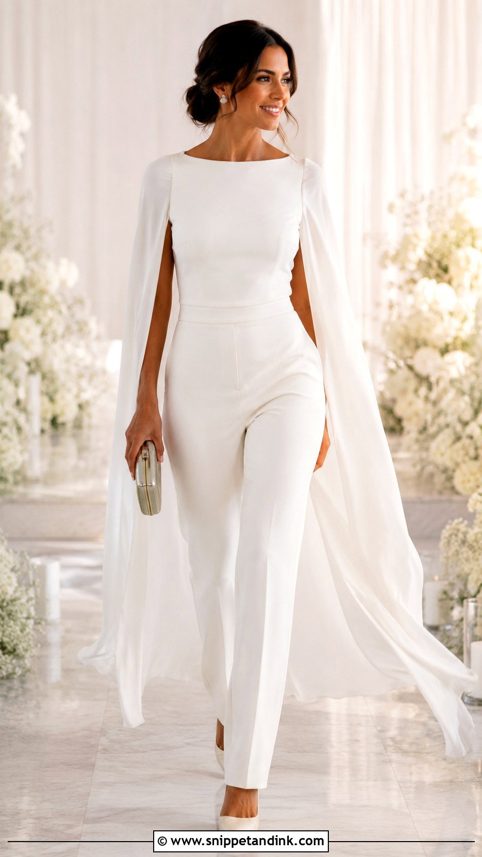 Cape Sleeve Bridal Bodysuit With Straight Leg Trousers - Snippet and Ink - 20 Bridal Bodysuit Ideas