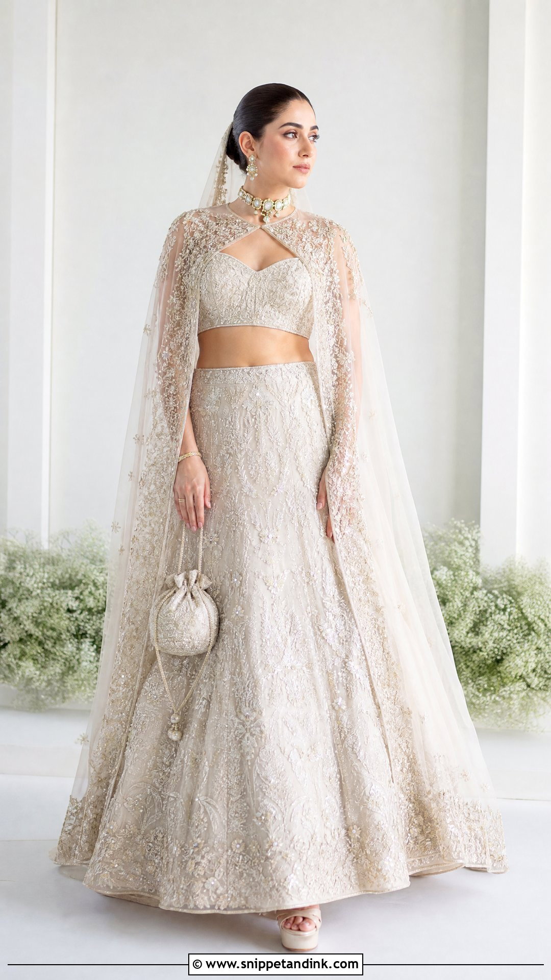 Cape Sleeve Bridal Choli With Embroidered Lehenga - Snippet and Ink - 20 Indian Bridal Bride Choli Ideas