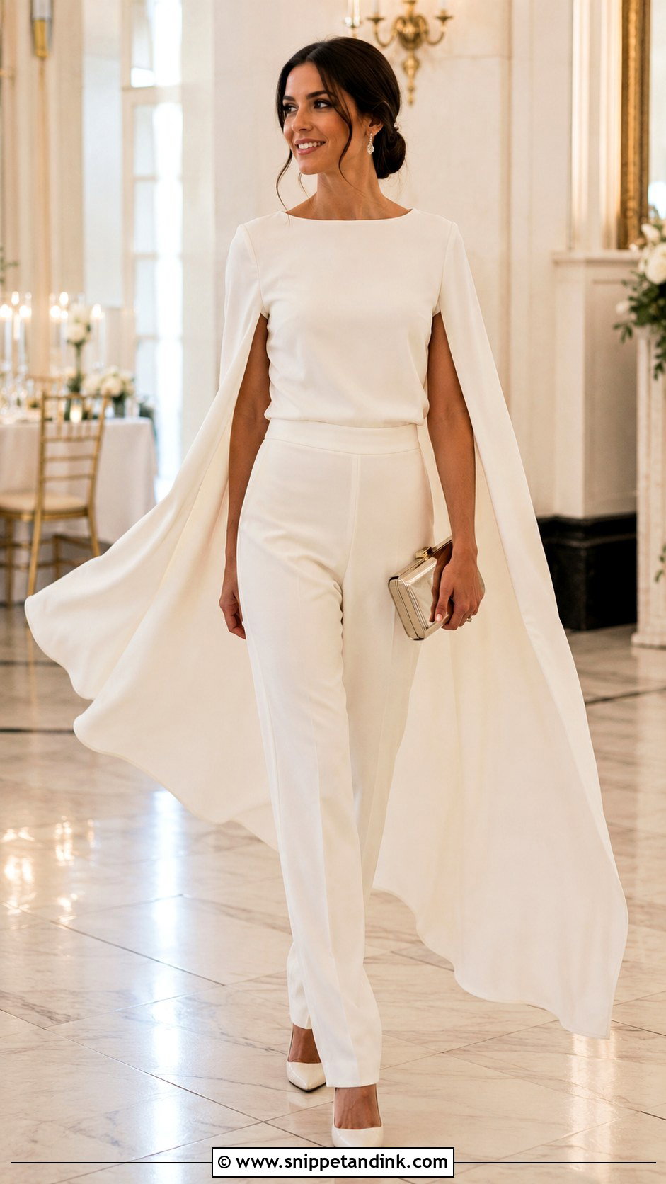 Cape Sleeve Bridal Top With Crepe Pants - Snippet and Ink - 20 Bride Top Ideas