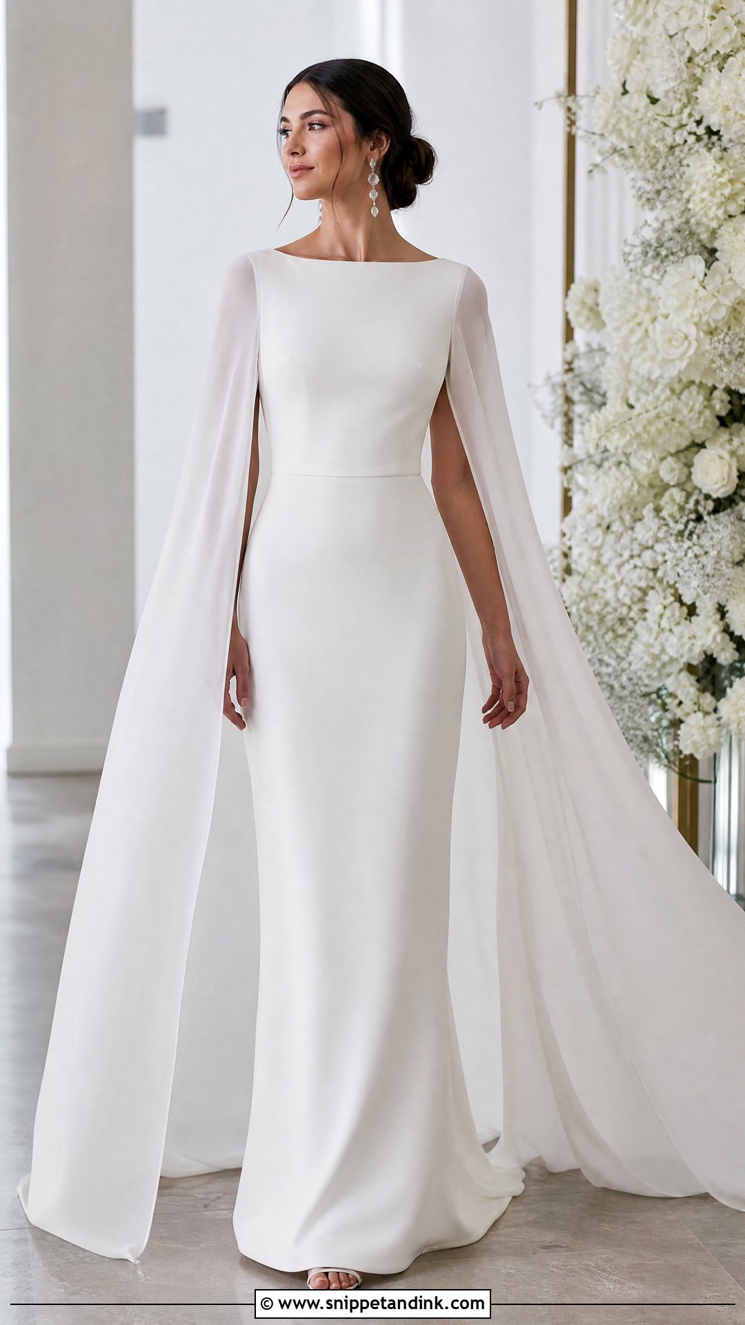Cape Sleeve Bride Cape With Column Wedding Dress - Snippet and Ink - 25 Bride Cape Ideas