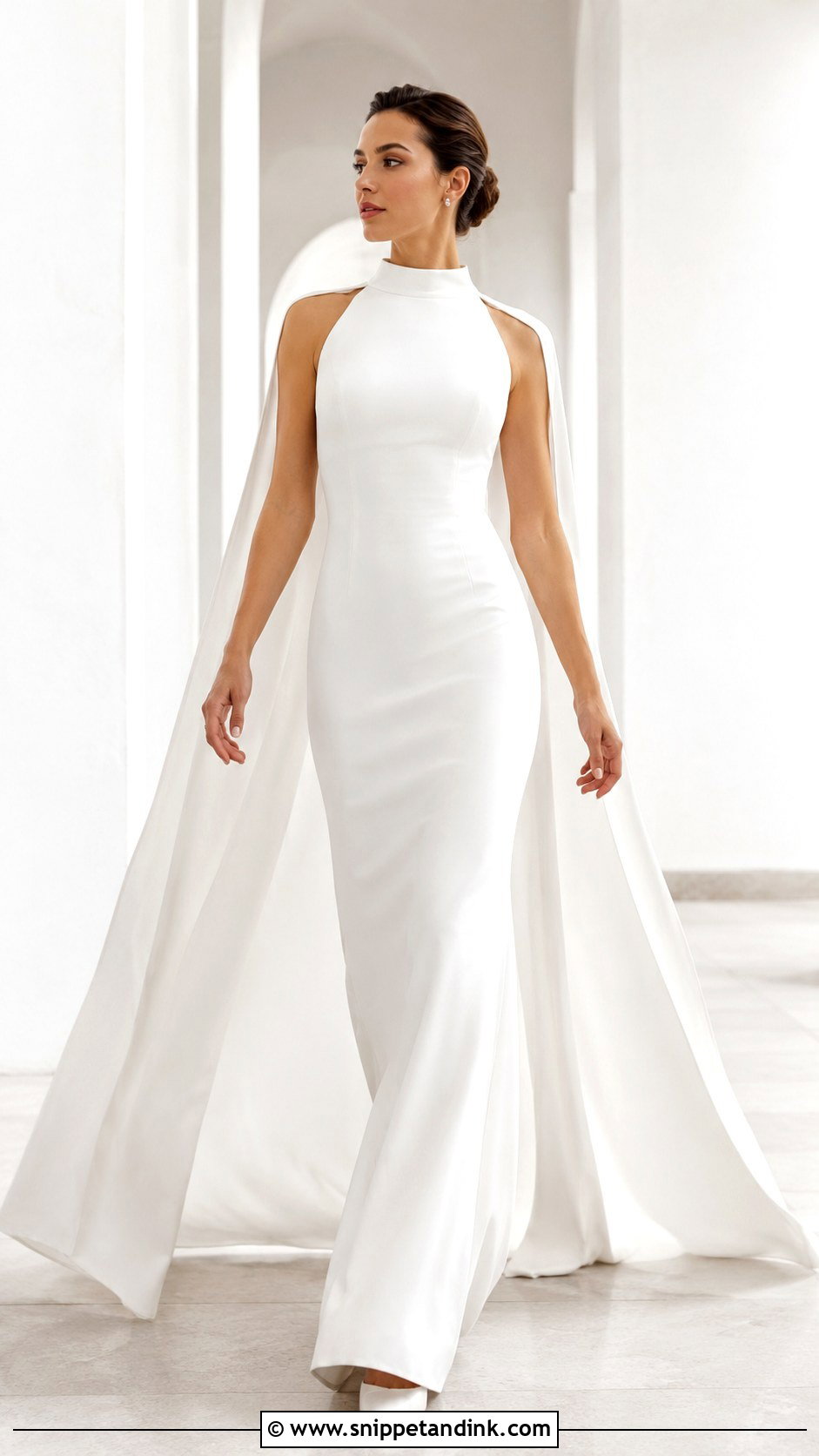 Cape Sleeve Column Bridal Gown - Snippet and Ink - 20 Minimalist Bridal Gown Ideas