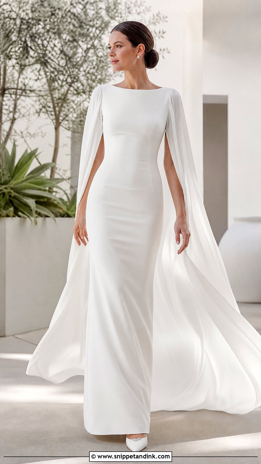 Cape Sleeve Column Wedding Dress - Snippet and Ink - 20 Small Chest Wedding Dress Ideas