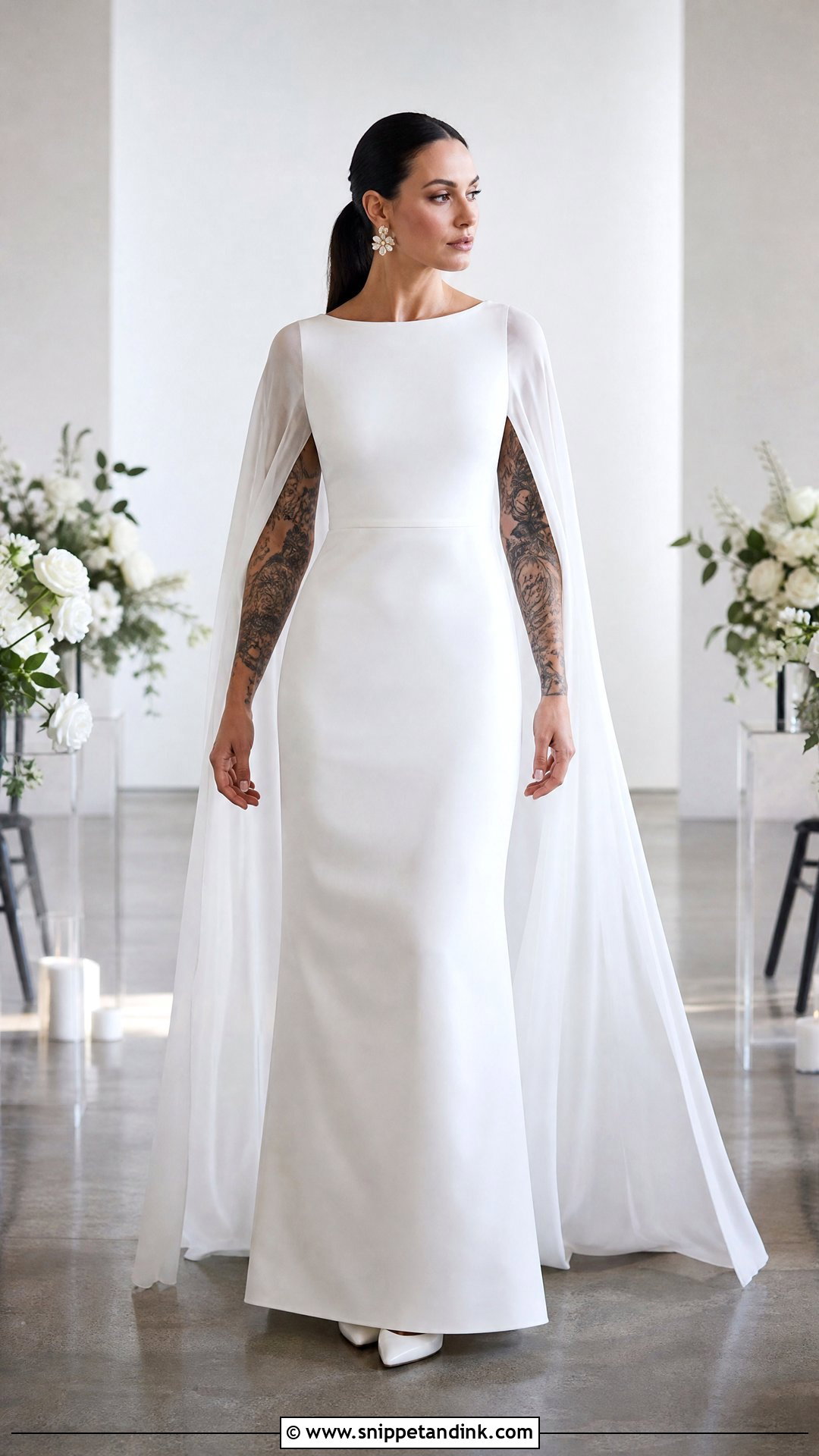 Cape Sleeve Column Wedding Dress - Snippet and Ink - 20 Wedding Dresses Tattooed Women