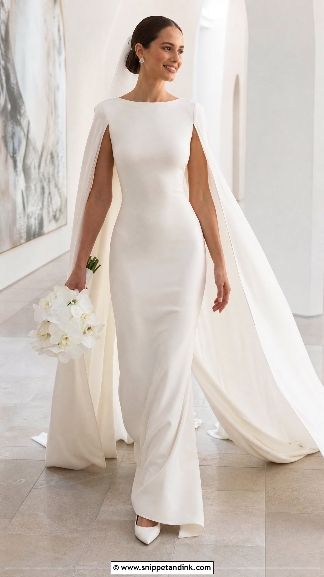 Cape Sleeve Column Wedding Dress - Snippet and Ink - 20 Pretty Wedding Dresses with Sleeves