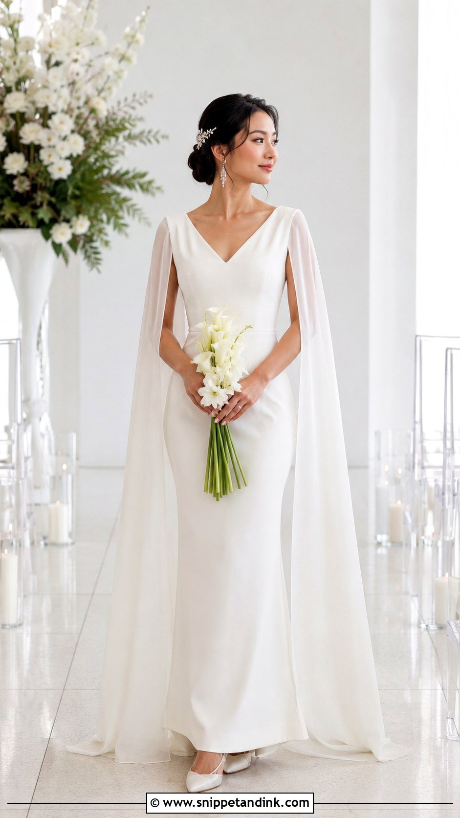 Cape Sleeve Column Wedding Dress - Snippet and Ink - 20 Best Wedding Dresses for Short Brides