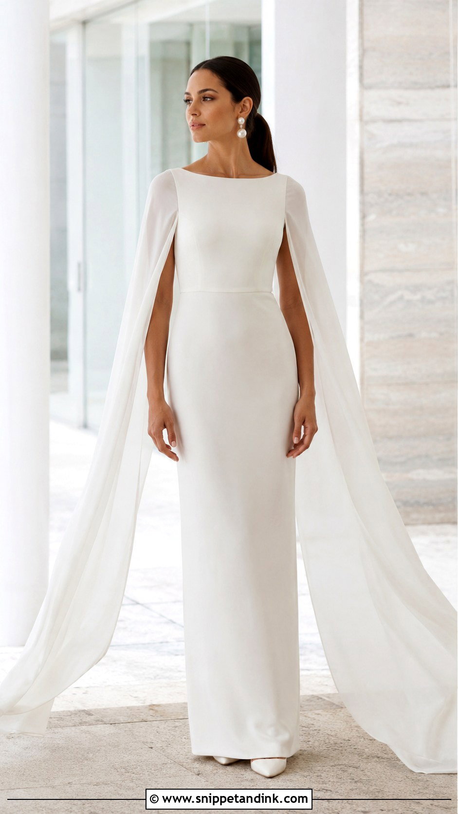 Cape Sleeve Crepe Wedding Dress - Snippet and Ink - 20 Modern Romantic Wedding Dress Ideas