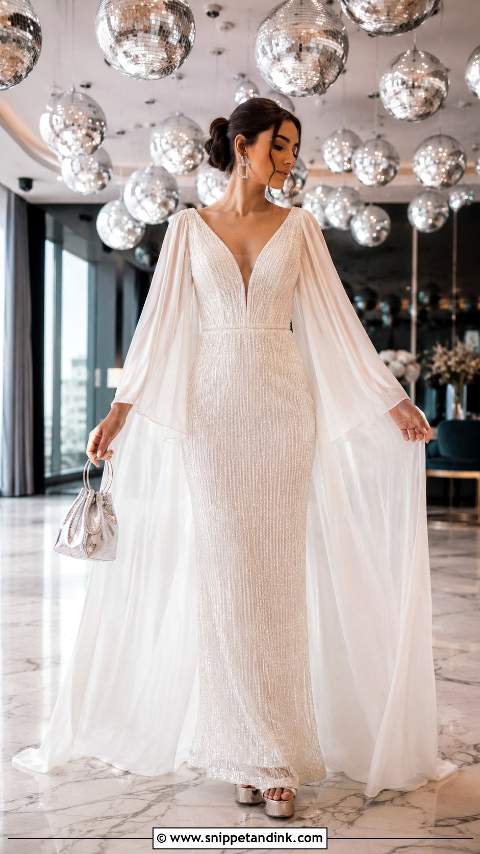 Cape Sleeve Disco Wedding Dress - Snippet and Ink - 20 Disco Wedding Dress Ideas