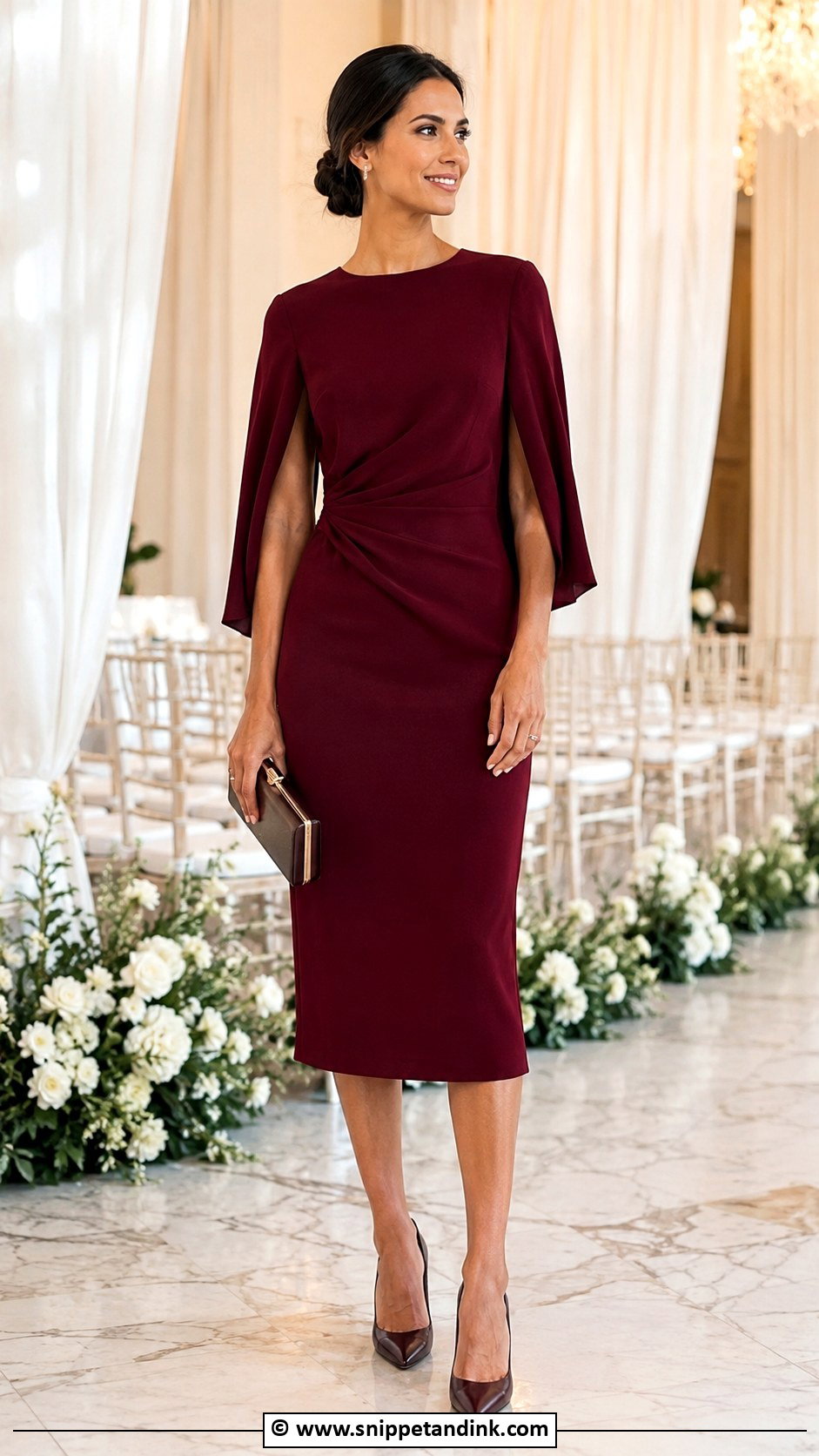 Cape Sleeve Dress Wedding Guest Outfit - Snippet and Ink - 35 Semi Formal Wedding Attire Ideas