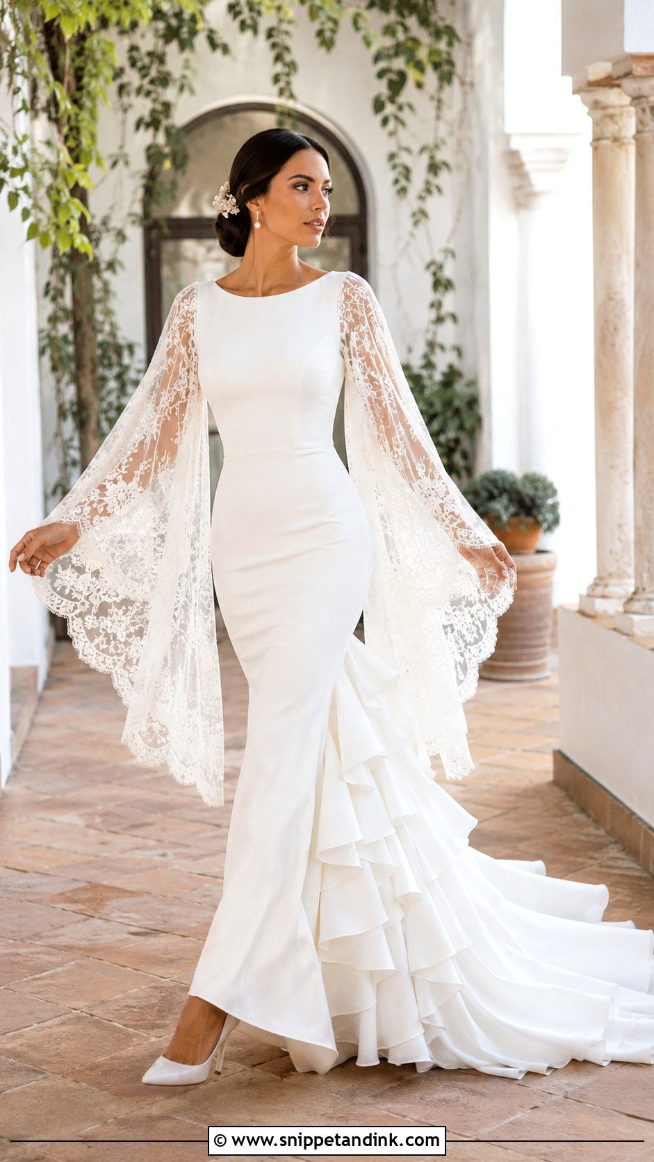 Cape Sleeve Flamenco Wedding Dress With Ruffle Train - Snippet and Ink - 20 Flamenco Wedding Dress Ideas