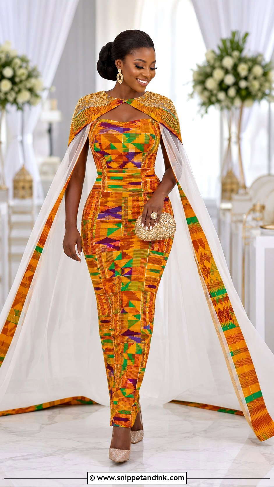 Cape Sleeve Kente Wedding Dress - Snippet and Ink - 20 Kente Dress Ghana Traditional Weddings Ideas