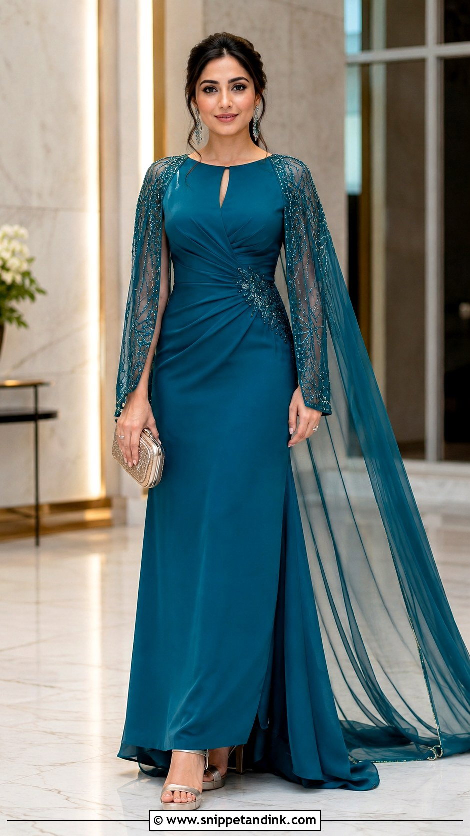 Cape Sleeve Long Gown With Dupatta - Snippet and Ink - 20 Long Gown with Dupatta Ideas