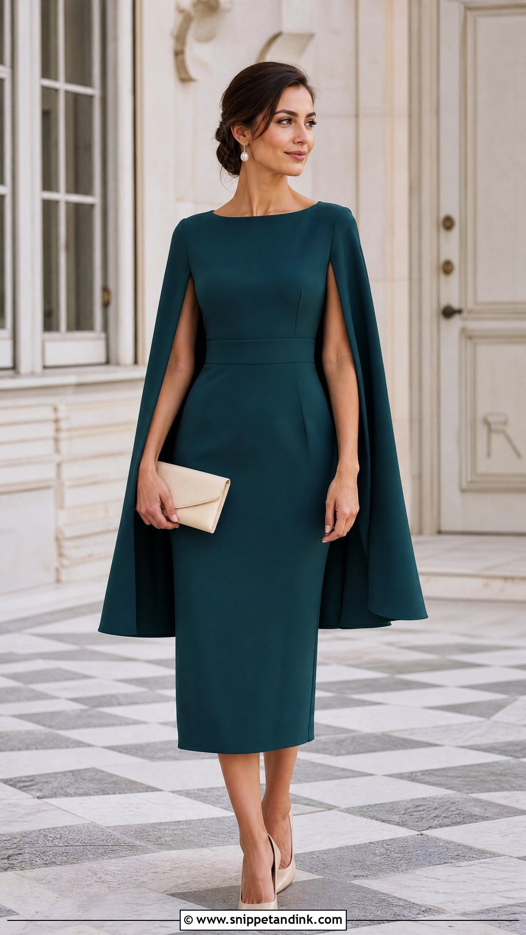 Cape Sleeve Midi Dress Wedding Outfit - Snippet and Ink - 20 Old Money Wedding Outfit Ideas