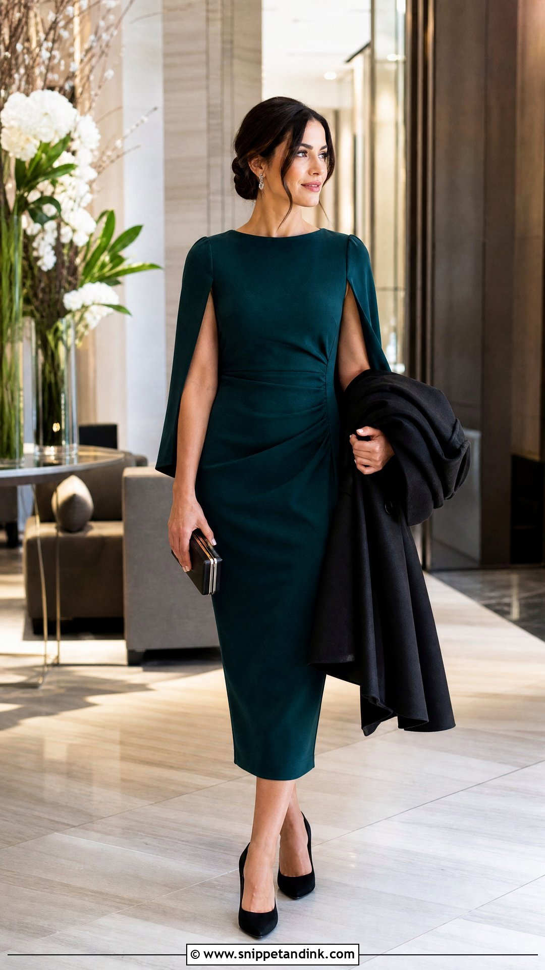 Cape Sleeve Midi Dress Winter Wedding Outfit - Snippet and Ink - 20 Semi Formal Winter Wedding Attire Ideas