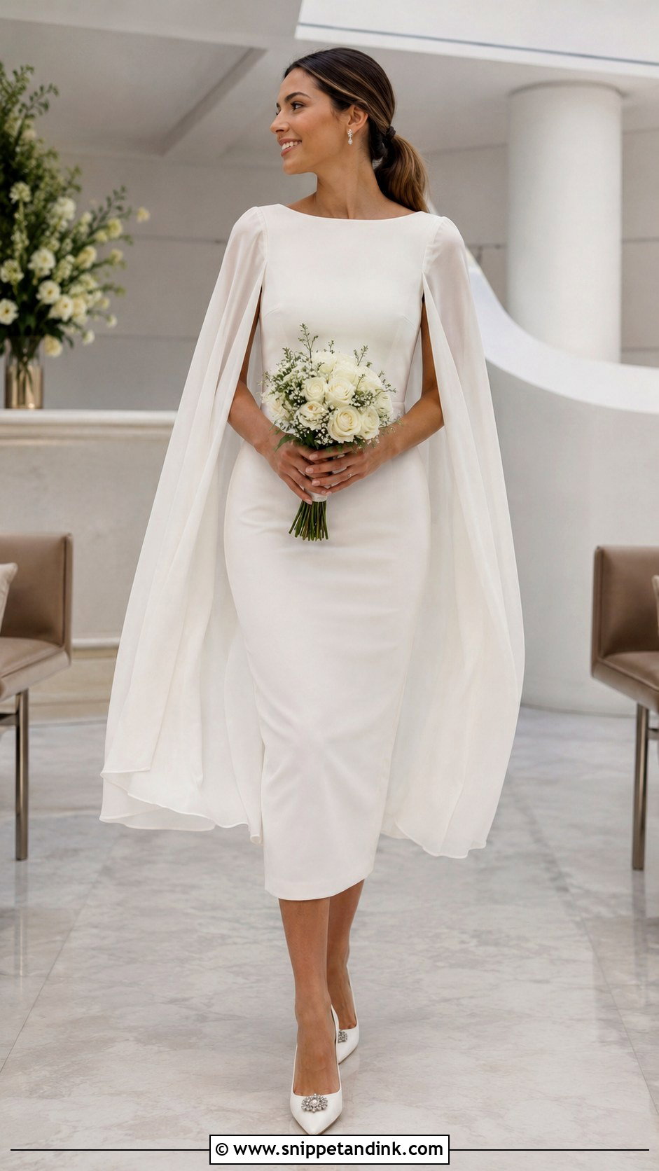 Cape Sleeve Midi Wedding Dress - Snippet and Ink - 20 Midi Length Wedding Dress Ideas
