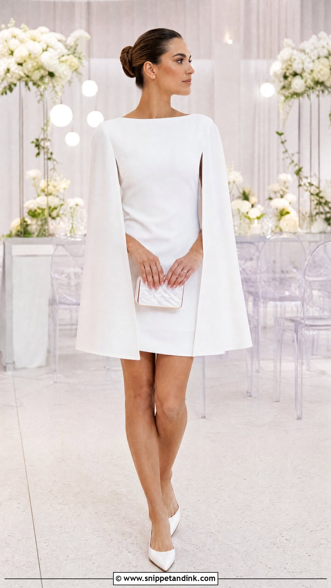 Cape Sleeve Mini Wedding Dress With Pointed Flats - Snippet and Ink - 20 After Party Wedding Dress Short Brides Ideas