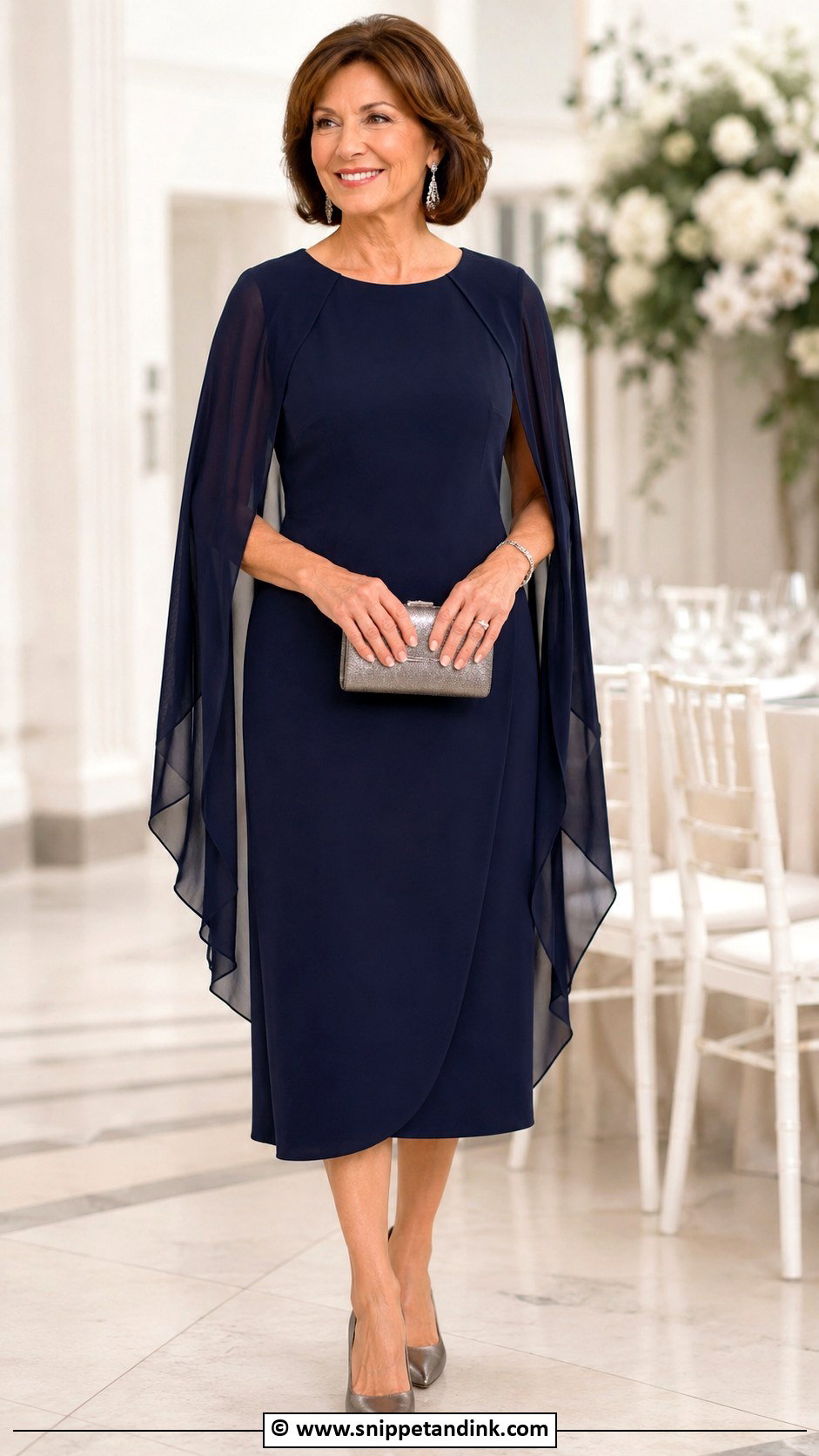 Cape Sleeve Mother Of The Bride Dress With Metallic Clutch - Snippet and Ink - 25 Mom of the Bride Dress Ideas