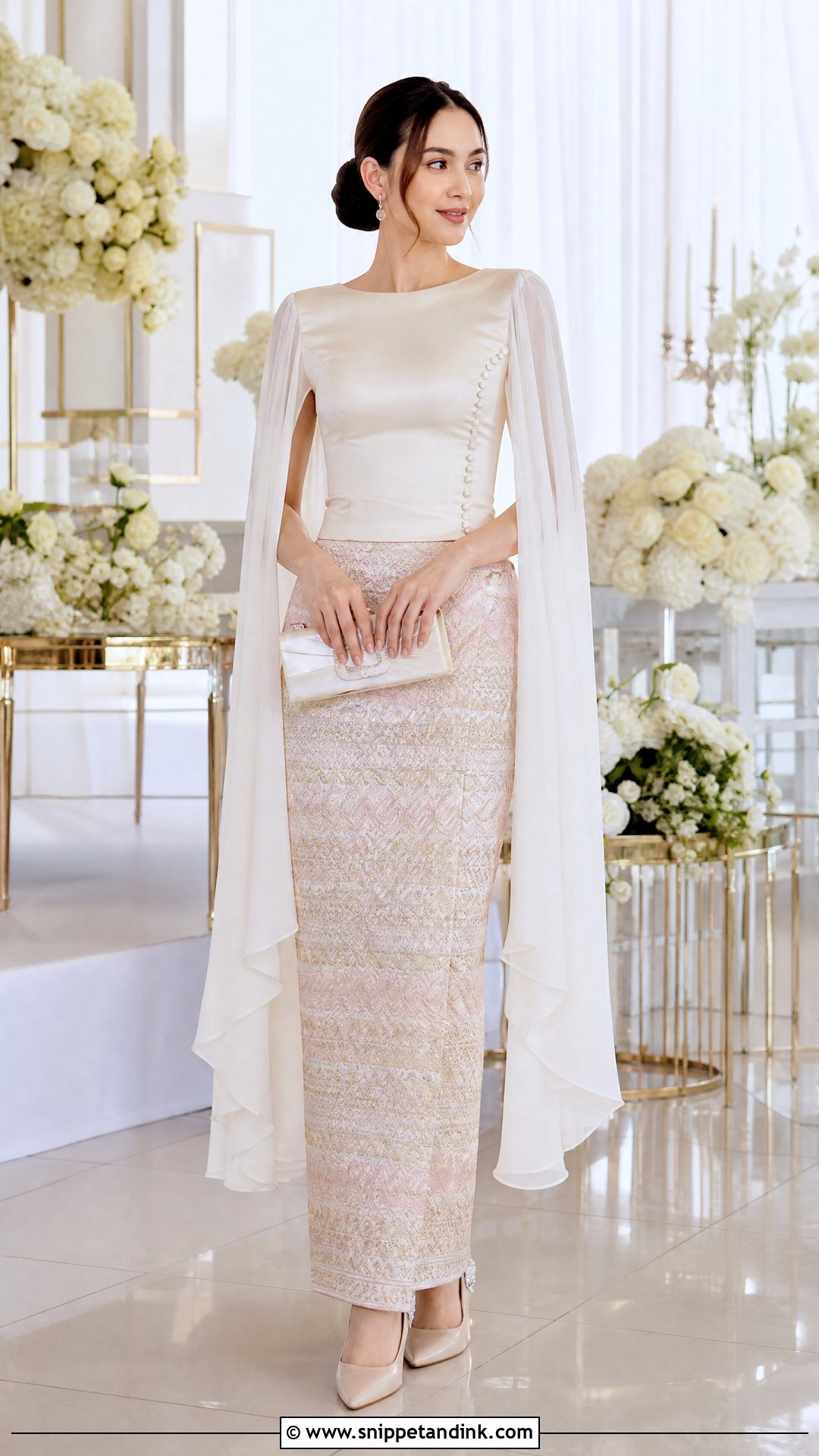 Cape Sleeve Myanmar Wedding Dress - Snippet and Ink - 25 Myanmar Wedding Dress Design Ideas
