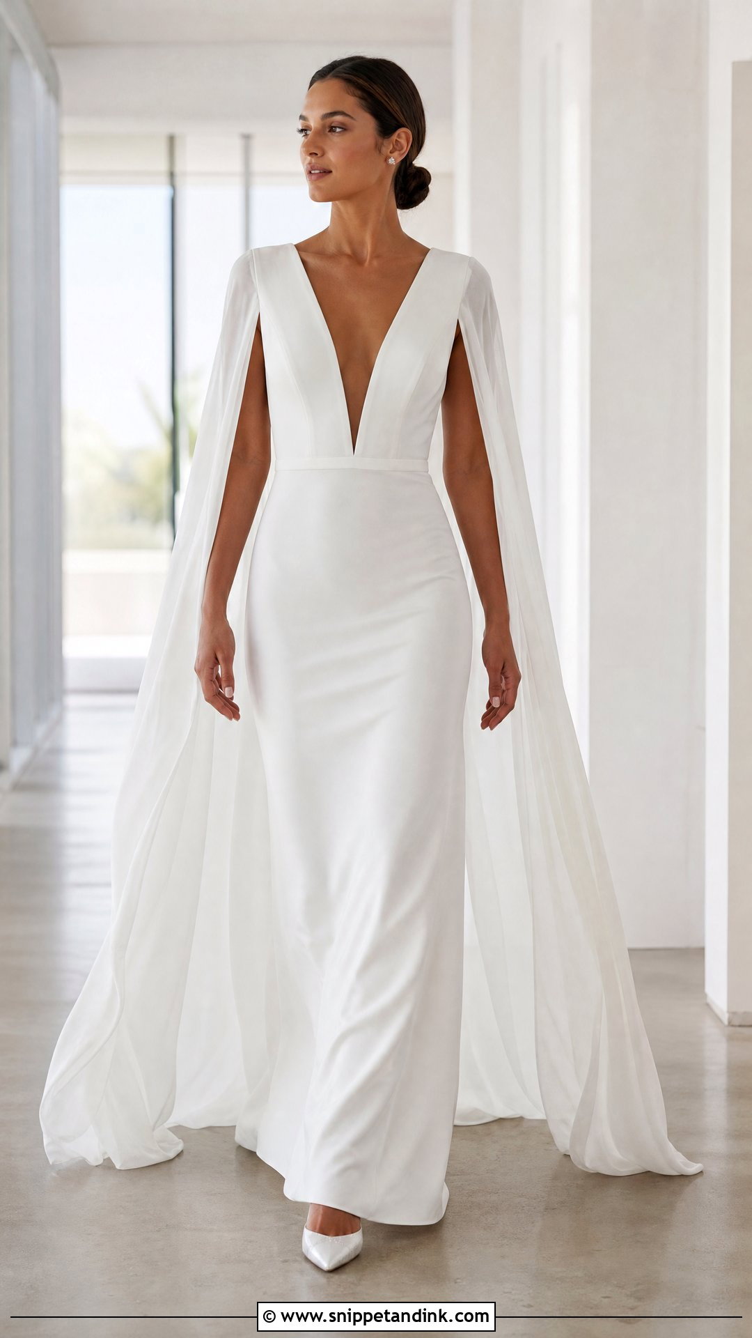 Cape Sleeve Plunging Neckline Wedding Dress - Snippet and Ink - 20 Plunging Neckline Wedding Dress Ideas