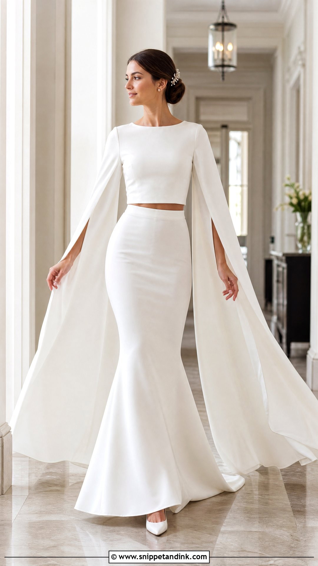 Cape Sleeve Top And Fitted Skirt Two Piece Wedding Dress - Snippet and Ink - 20 Wedding Two Piece Dress Ideas