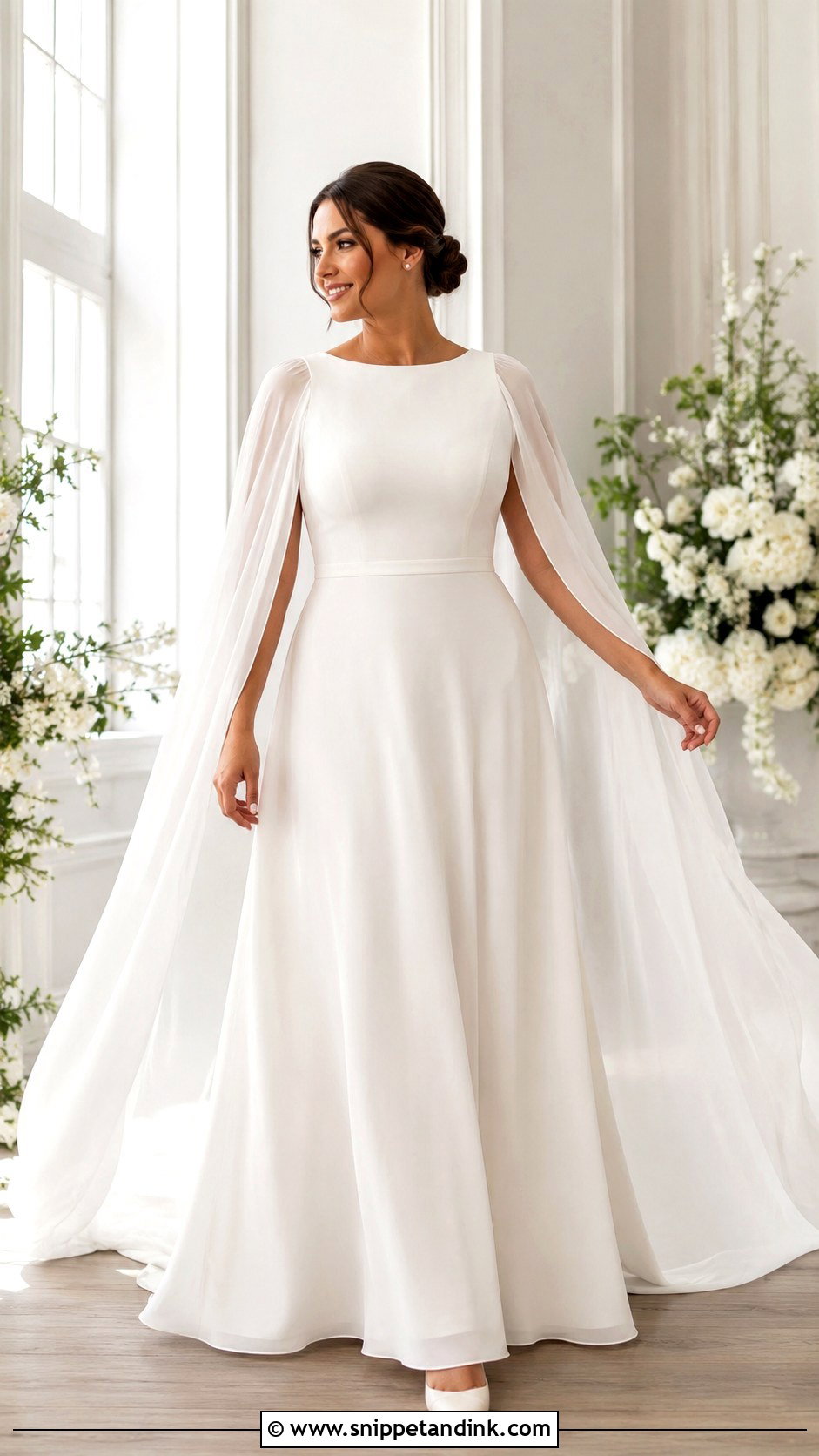 Cape Sleeve Wedding Dress With A Line Skirt - Snippet and Ink - 20 Midsize Bride Wedding Dress Ideas