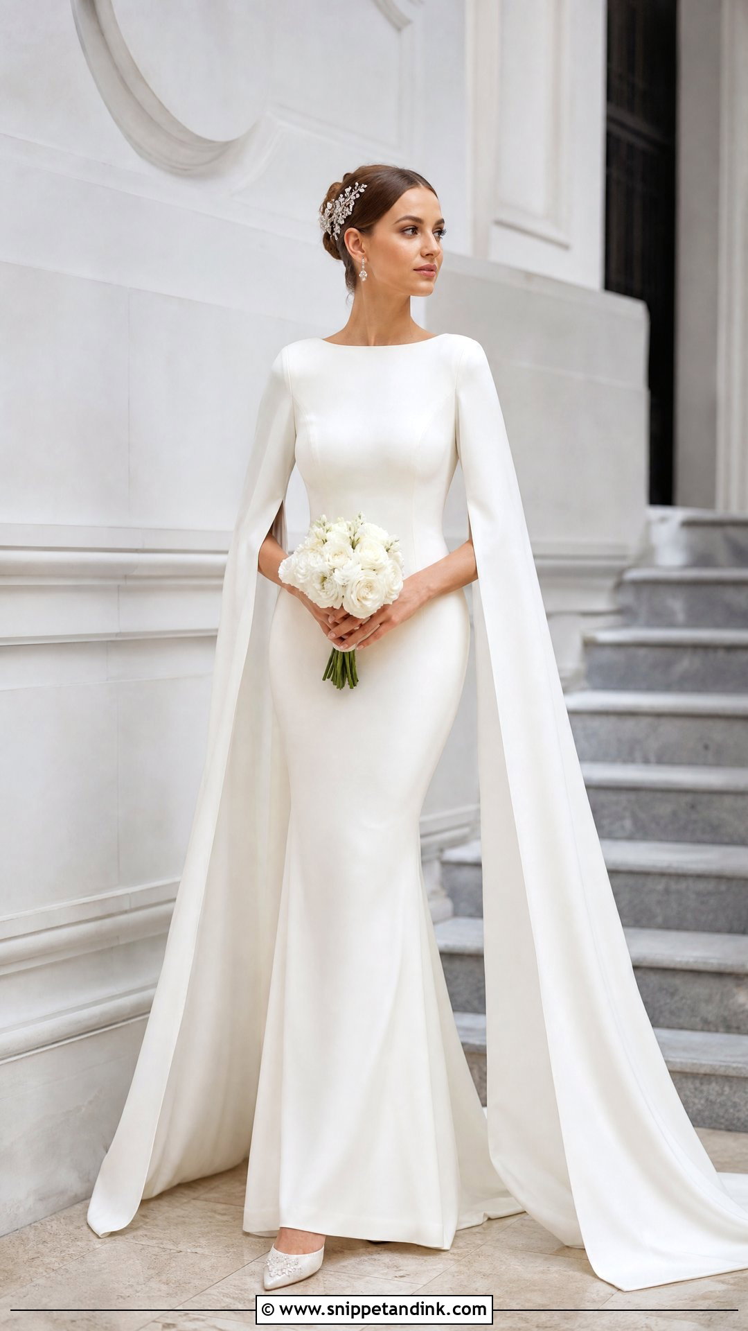 Cape Sleeve Wedding Dress With Crystal Accessories - Snippet and Ink - 20 Winter Bridal Cape Ideas