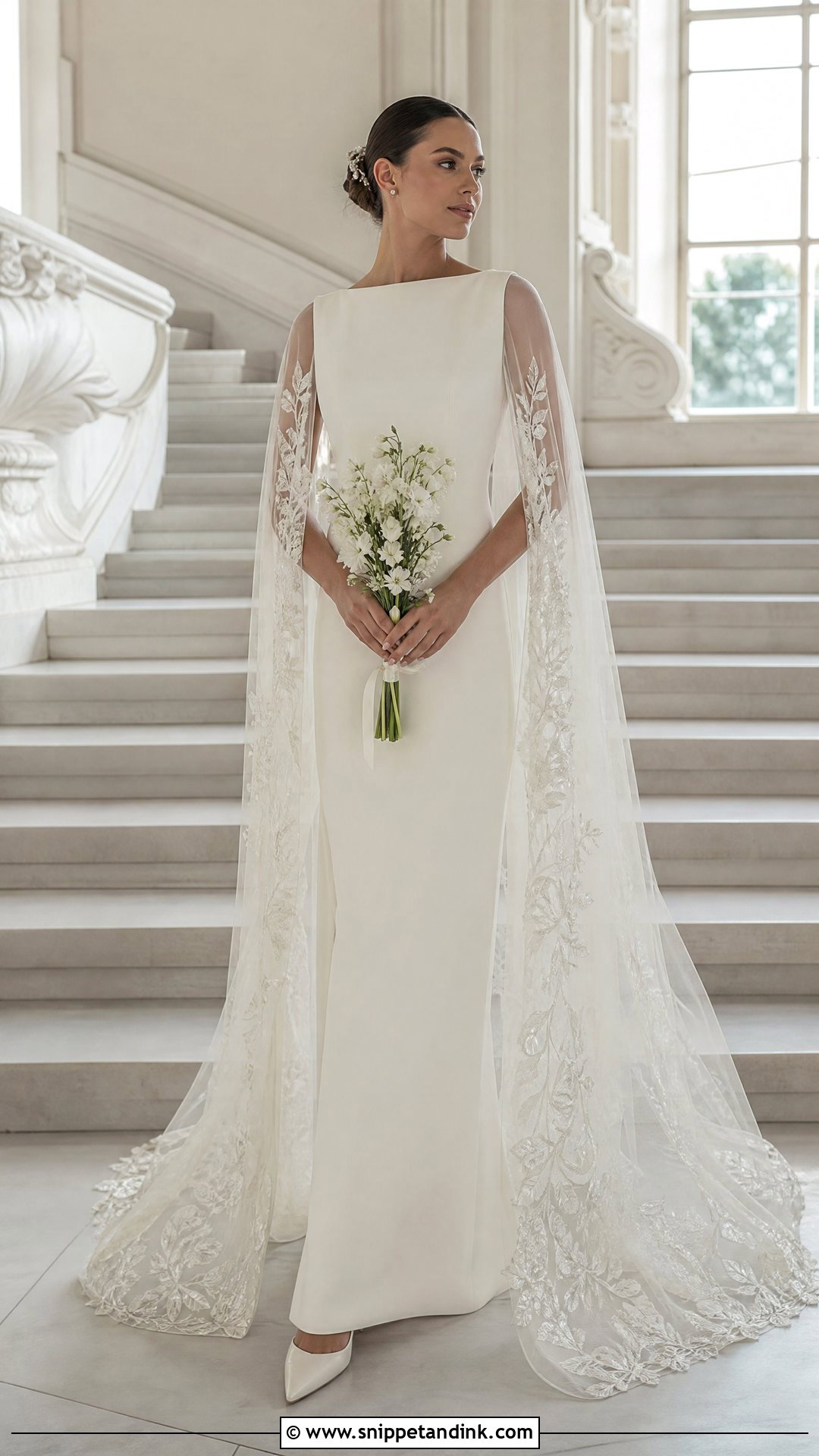 Cape Sleeve Wedding Dress With Floral Embroidery - Snippet and Ink - 20 Wedding Dress with Embroidered Flowers