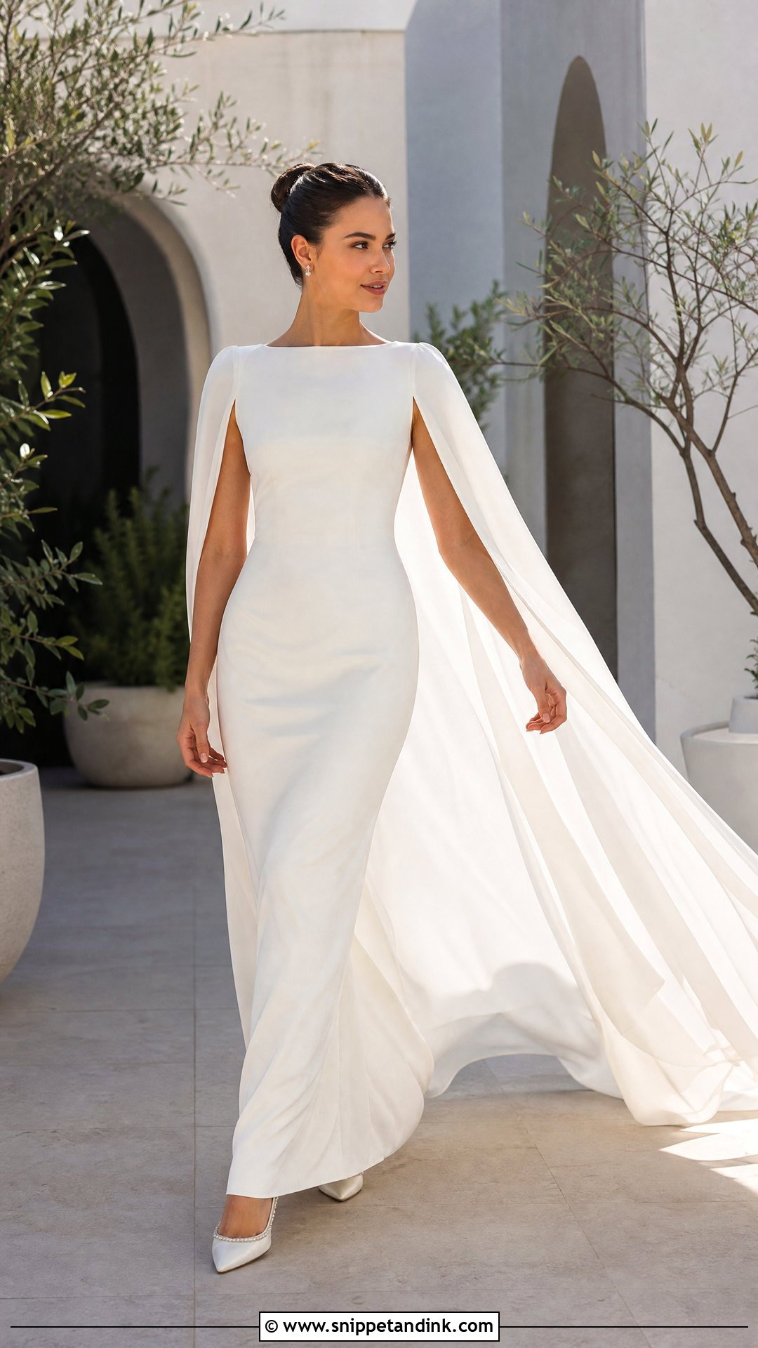 Cape Sleeve Wedding Dress With Pearl Pumps - Snippet and Ink - 20 Sleek Wedding Dresses