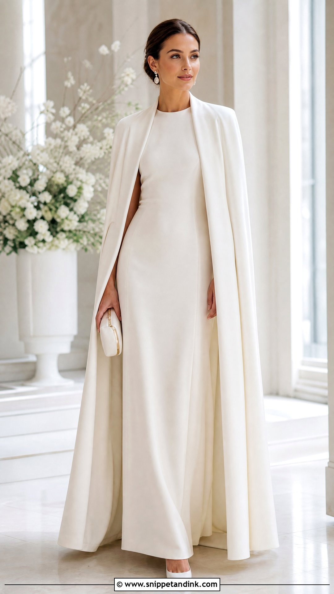 Cape Wedding Coat With Column Dress - Snippet and Ink - 25 Wedding Coat Ideas