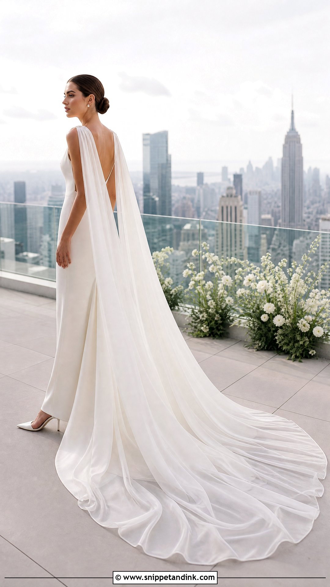 Cape Wedding Dress With Floor Length Watteau Train - Snippet and Ink - 20 Wedding Dress Train Lengths Ideas