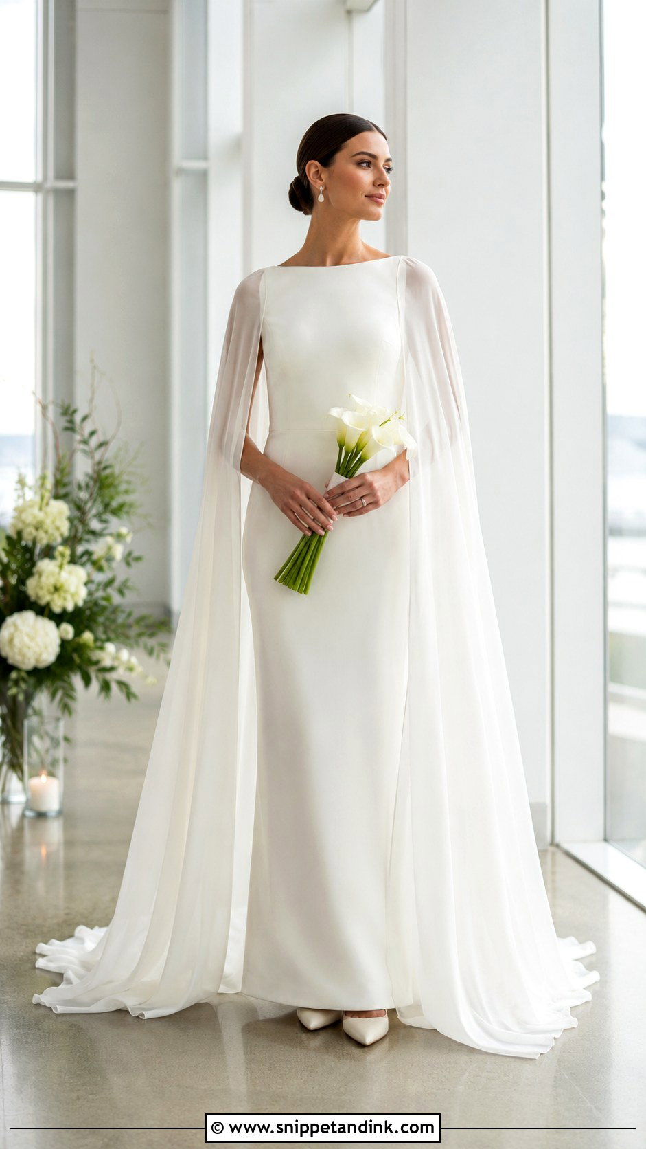 Cape Wedding Dress With Sleek Pumps - Snippet and Ink - 20 Alternative Modern Bride Wedding Dress Ideas
