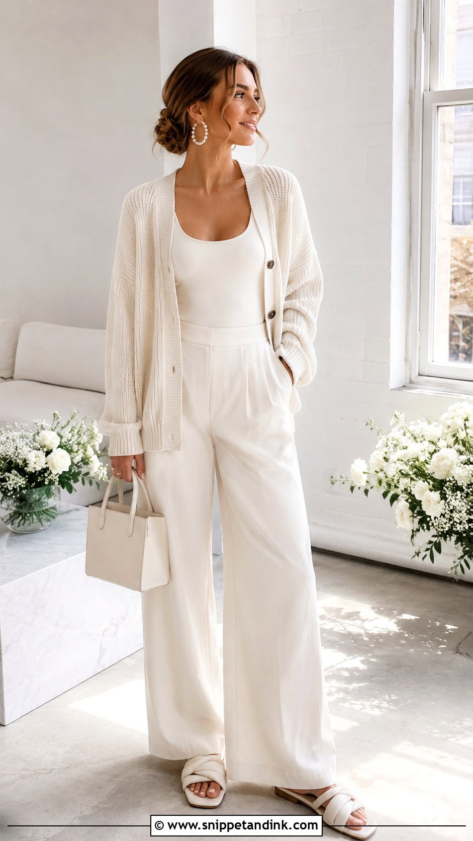 Cardigan And Wide Leg Pants Wedding Morning Outfit - Snippet and Ink - 20 Morning of Wedding Outfit Ideas