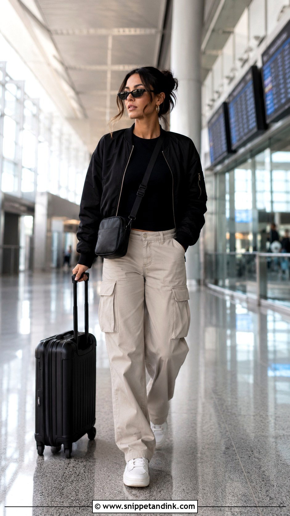 Cargo Pants And Fitted Tee Airport Outfit - Snippet and Ink - 20 Bachelorette Airport Outfit Ideas